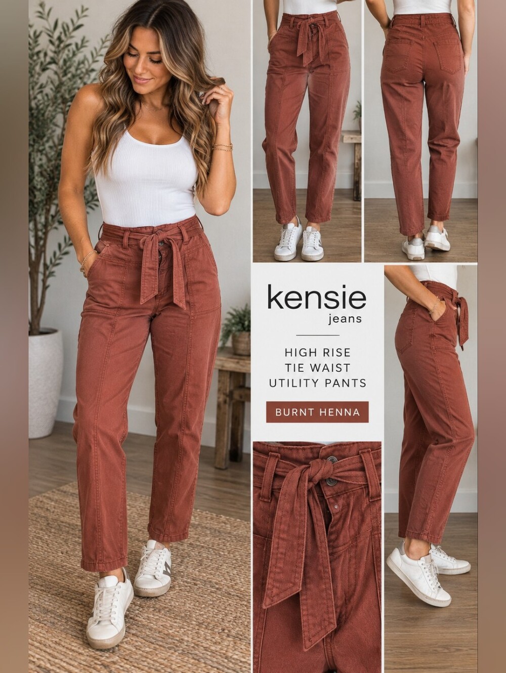 Kensie Jeans Women’s 12/31 Burnt Henna High Rise Tie Waist Utility Pants NWT